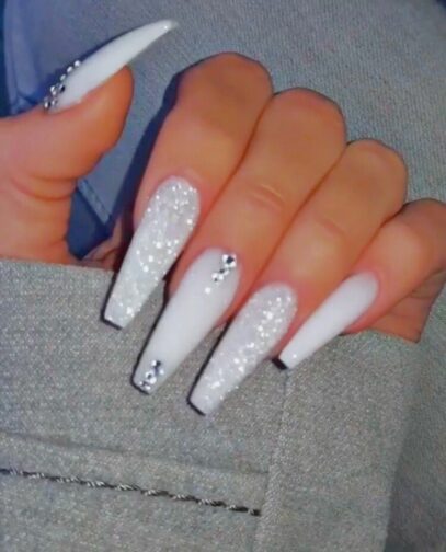 White Nails With Rhinestones