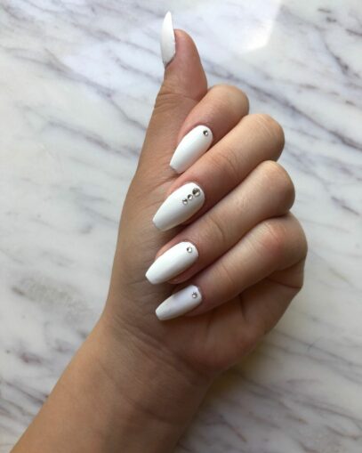 White Nails With Rhinestones