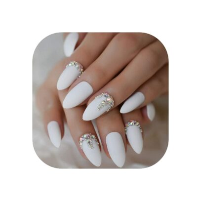 White Nails With Rhinestones