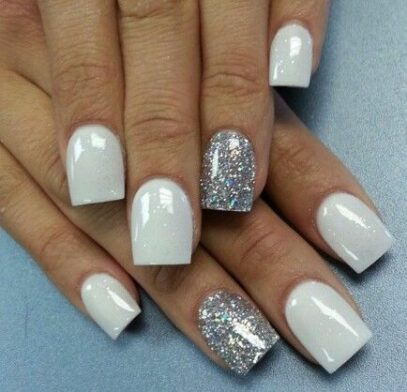 White With Silver Glitter Nails