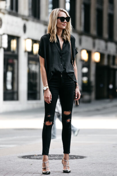 black shirt outfit women street fashion