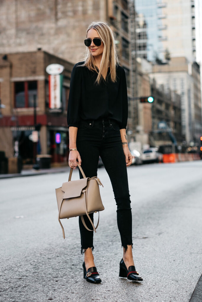 black shirt outfit women street fashion