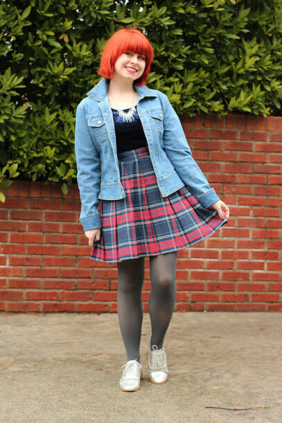 blue plaid skirt outfit