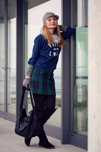 blue plaid skirt outfit