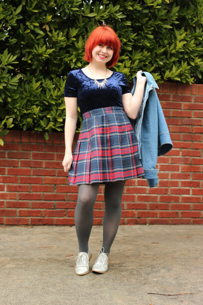 blue plaid skirt outfit