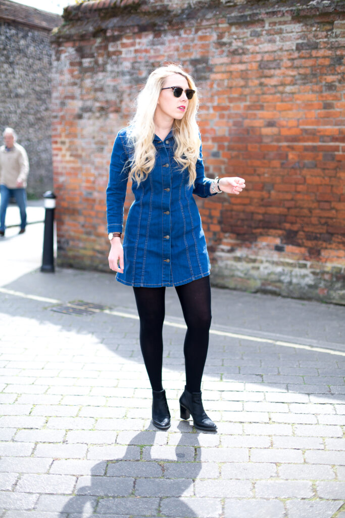 denim dress outfit winter tights