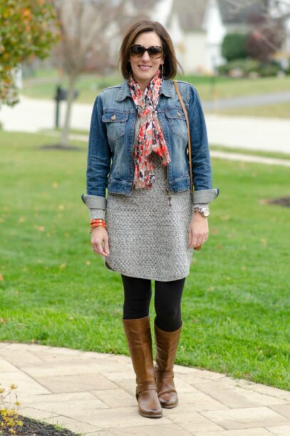 denim dress with cardigan