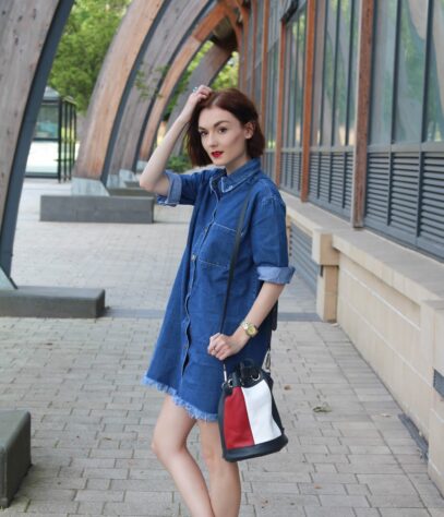 denim dress with shirt underneath