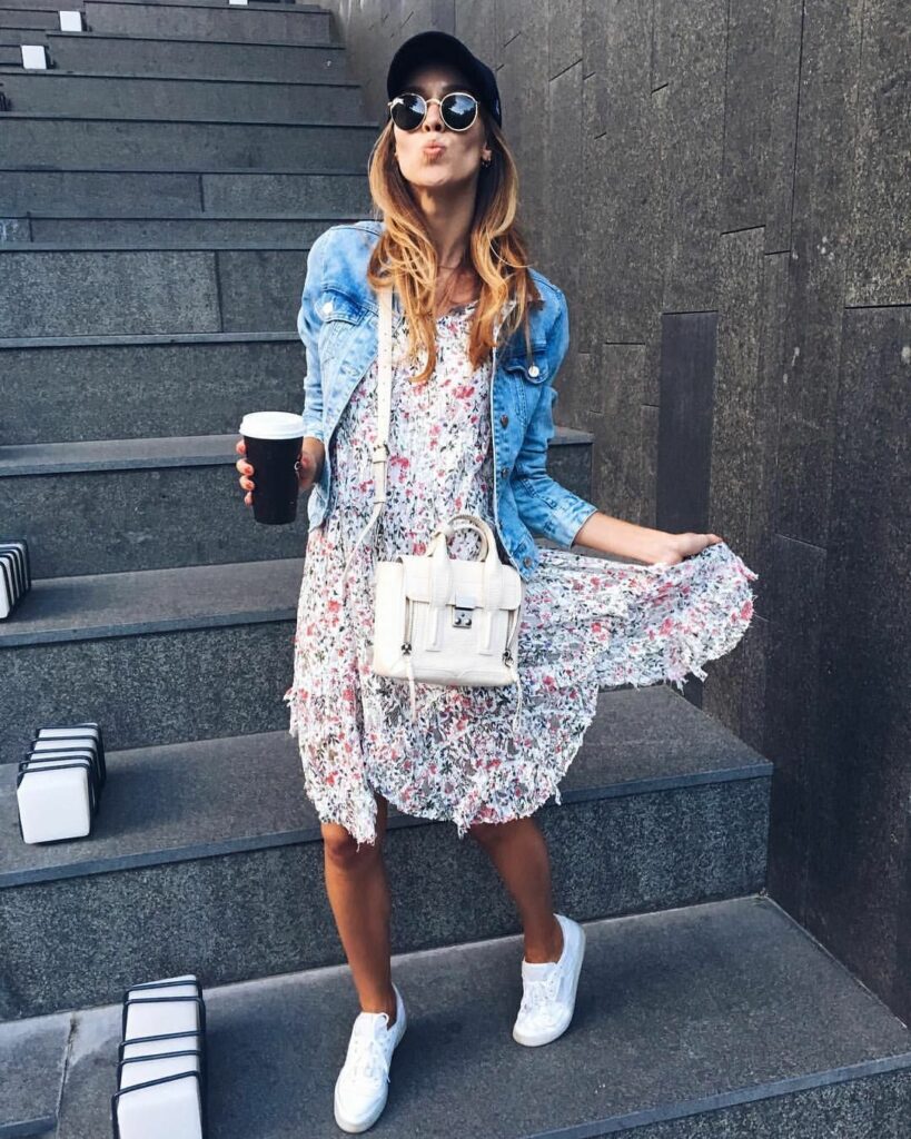 denim dress with sneakers