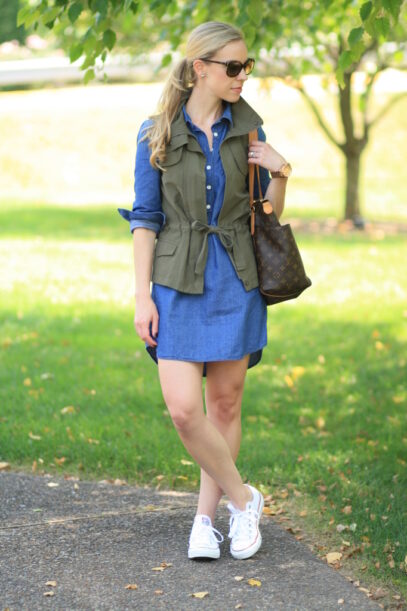 denim dress with sneakers