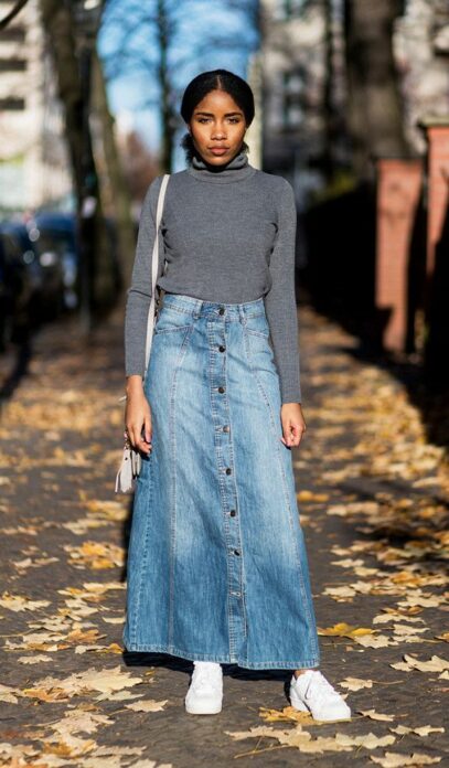 long denim skirt outfit