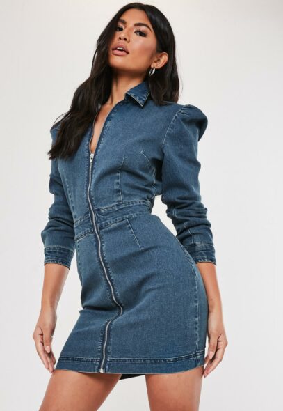 puff sleeve denim dress