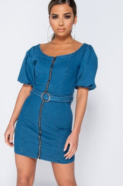 puff sleeve denim dress