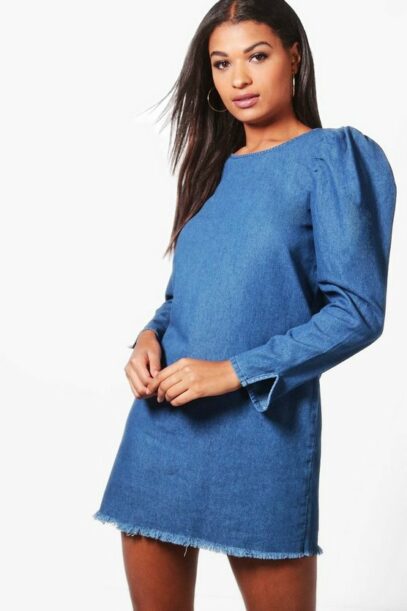 puff sleeve denim dress