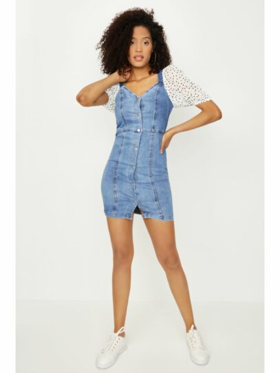 puff sleeve denim dress