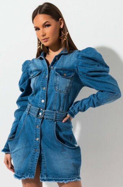 puff sleeve denim dress