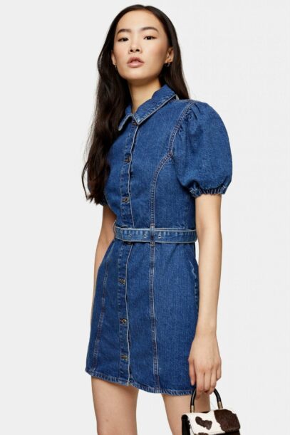 puff sleeve denim dress