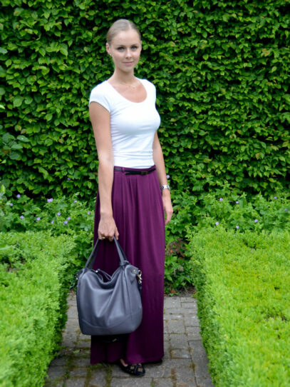 purple skirt outfit