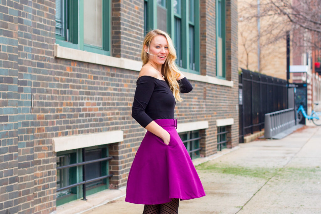 purple skirt outfit