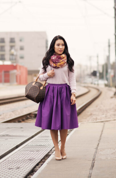 purple skirt outfit