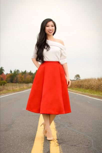 red skirt outfit