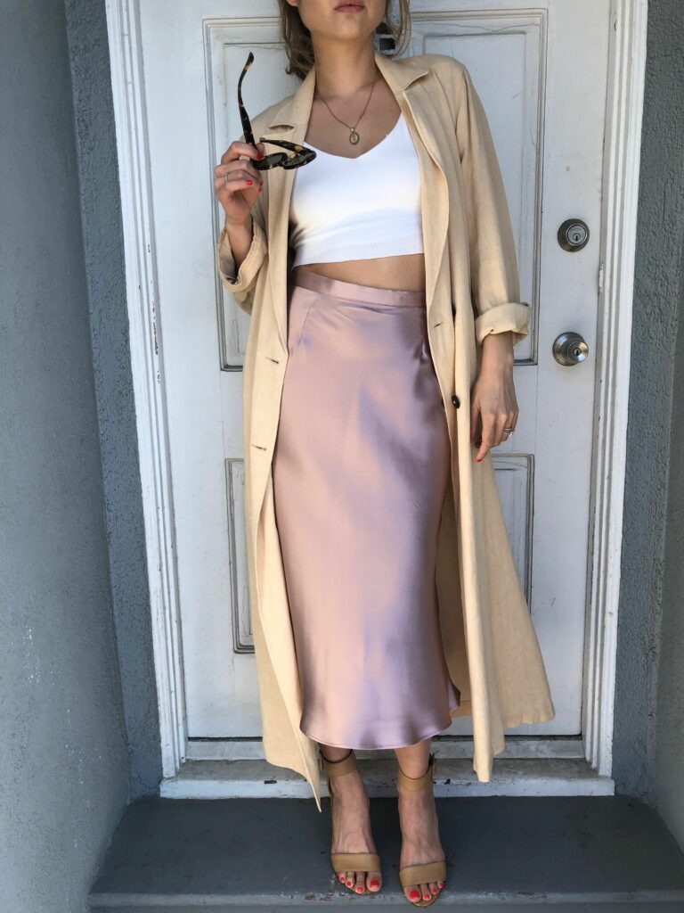 satin skirt outfit