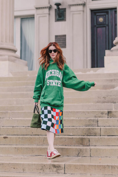 sweatshirt and skirt outfit